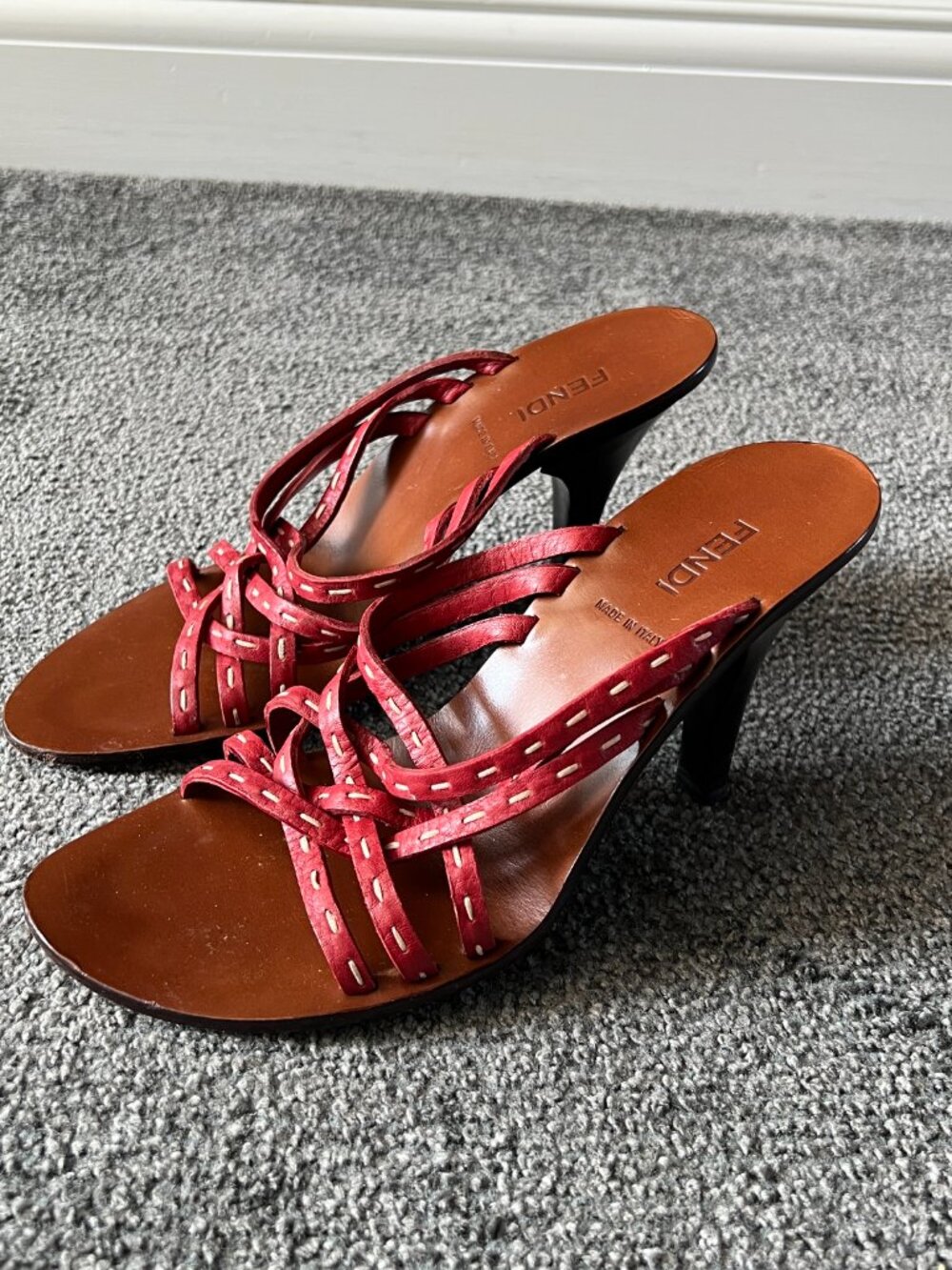 Vintage Y2K Fendi Red Leather Strappy Slide Heel Sandals Size 36.5